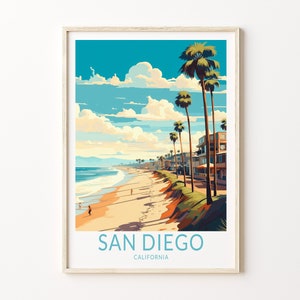 Cartaz de viagem da cidade de San Diego, Califórnia, pôster de viagem de San Diego, arte de parede da costa da Califórnia, pôster da costa de San Diego