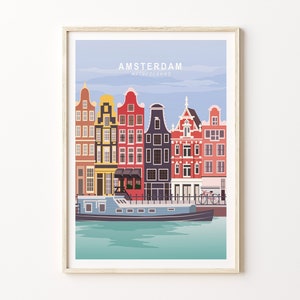 Affiche de voyage d’Amsterdam, carte postale d’Amsterdam Europe Travel Pays-Bas, affiche de voyage personnalisée d’Amsterdam, cadeaux d’anniversaire