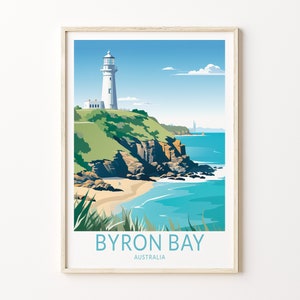 Póster de viaje a la playa de Byron Bay, Australia, póster de decoración de pared para el hogar con la playa costera de Byron Bay, impresión de viaje a la ciudad costera de Australia