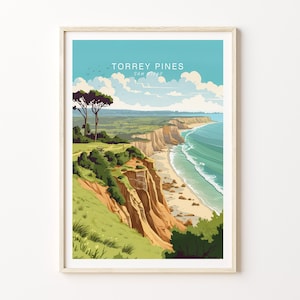 Póster de viaje de Torrey Pines, San Diego, arte mural, Torrey Pines, California, arte mural de la costa de California, decoración minimalista para el hogar