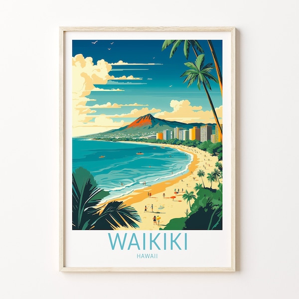 Hawaii Waikiki Travel Poster, Waikiki Beach Travel Poster Print, Hawaii Waikiki Travel Poster Wall Art, Hawaii Coastal Travel Poster