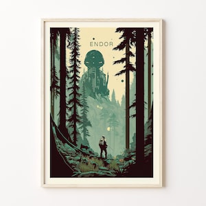 Poster di viaggio Endor, stampa di viaggio retrò minimalista, Tatooine, Hoth, Bespin Una nuova speranza L'impero colpisce ancora, stampe della trilogia Endor Tatooine
