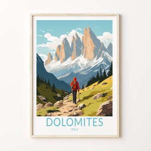 Póster de viaje a las Dolomitas de Italia, arte mural de viaje a las montañas de las Dolomitas, arte mural de parques nacionales de Italia, decoración mural de viaje a las Dolomitas