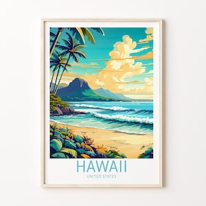 Póster de viaje a Hawái y Kauai, póster de viaje a Maui y Hawái, póster de viaje a Hawái para pared, islas de Hawái, póster de viaje por la costa