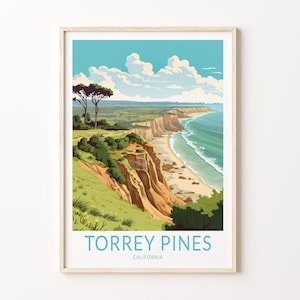 Póster de viaje de Torrey Pines, San Diego, arte mural, póster de viaje de Torrey Pines, California, arte mural de la costa de California, decoración del hogar para viajeros