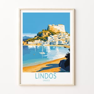 Póster de viaje de Lindos, póster impreso de Lindos, Grecia, arte mural de Lindos, decoración de viajes a Grecia, regalos de cumpleaños, arte mural de viajes personalizado