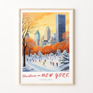 New York Travel Print, Christmas in New York City Travel Poster, New York Wall Art Travel Poster, Central park Ice Skating Wall Art