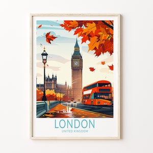 Cartaz de viagem de Londres, Arte de parede de Londres, Reino Unido, Cartaz de viagem, Ponte de Westminster, Big Ben, Presente de casamento, Presente de aniversário, Texto personalizado
