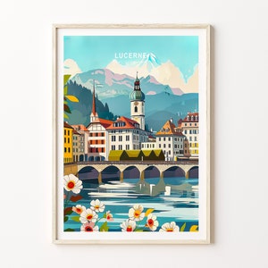 May include: A colorful illustration of the city of Lucerne, Switzerland. The image features a bridge over a river, with buildings and a church steeple in the background. The text "LUCERNE" is printed at the top of the image.