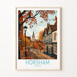 Póster de viaje de Horsham, póster de viaje de Horsham, póster de otoño de Horsham, impresión de la ciudad de Inglaterra, regalos personalizados