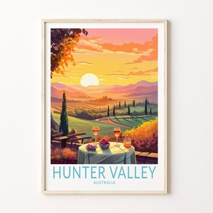 Cartaz de viagem Hunter Valley, arte de parede da Austrália, impressão do pôr do sol em Hunter Valley, decoração para casa, presentes de casamento, presente de aniversário