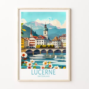 May include: A colorful illustration of the city of Lucerne, Switzerland. The image features a bridge, buildings, a church steeple, and a mountain range in the background. The text "LUCERNE" and "SWITZERLAND" is printed below the image.