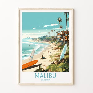 Puede incluir: Una ilustraci&oacute;n colorida de una escena de playa en Malib&uacute;, California. La imagen presenta una playa de arena con palmeras, casas y surfistas. El texto "MALIBU CALIFORNIA" est&aacute; en la parte inferior de la imagen.