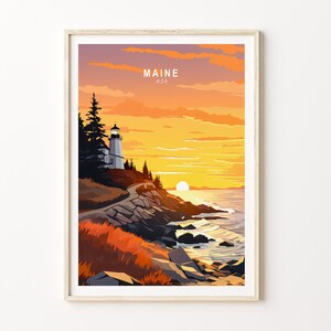 Póster de viaje de Maine, póster de viaje por la costa del estado de Maine, arte mural de viaje de Maine, obras de arte de la costa de Maine, póster de viaje por el estado de Maine