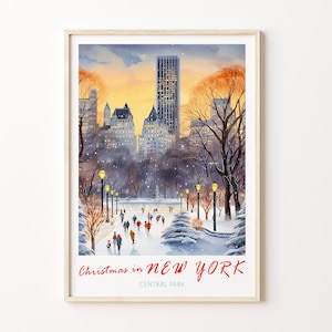 Central Park New York Travel Print, Christmas in New York City Travel Poster, New York Wall Art Travel Poster, Ice Skating Wall Art