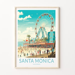 Arte mural con impresiones de viajes a Santa Mónica, California, póster de viajes a Santa Mónica, póster de viajes a California, arte mural decorativo para el hogar con viajes a Los Ángeles