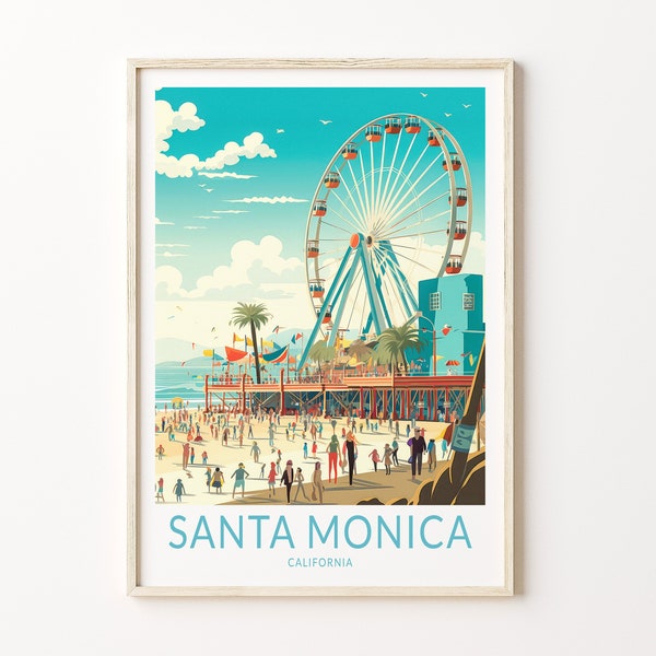 Art mural imprimé voyage à Santa Monica en Californie, affiche de voyage à Santa Monica, affiche de voyage en Californie, décoration d'intérieur voyage à Los Angeles, art mural