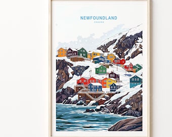 Póster de invierno de Terranova, impresión de la isla de Terranova, Canadá, impresión de arte mural de Canadá, paisaje urbano minimalista, póster de viaje de invierno
