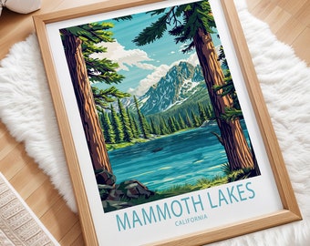 May include: A vintage-style illustration of Mammoth Lakes, California. The image features a lake surrounded by pine trees and mountains in the background. The text "Mammoth Lakes, California" is printed in blue at the bottom of the image.