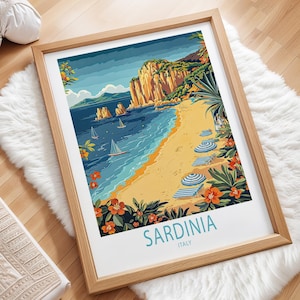 Póster de viaje de Cerdeña, Italia, arte mural de Italia, impresión del mar Mediterráneo de Cerdeña, decoración del hogar, regalos personalizados, regalo de cumpleaños