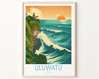 Puede incluir: Una ilustración colorida de un templo en un acantilado en Uluwatu, Bali, con un surfista montando una ola en el océano debajo. El sol se está poniendo en el fondo, proyectando un brillo cálido sobre la escena.