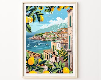 May include: A colorful illustration of a coastal town in Sicily, Italy. The image features a view of the town from a hillside, with the Mediterranean Sea in the foreground. The town is built on a hillside, with colorful buildings and a lemon tree in the foreground.