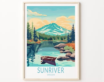 Puede incluir: Una ilustración de estilo vintage de un lago con una montaña en el fondo. El lago está rodeado de árboles y hay una pequeña canoa roja en el agua. El texto "SUNRIVER OREGON" está en la parte inferior de la imagen.