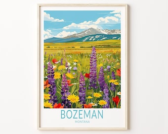 May include: A colorful illustration of a field of wildflowers with a mountain range in the background. The text "BOZEMAN MONTANA" is at the bottom of the image.