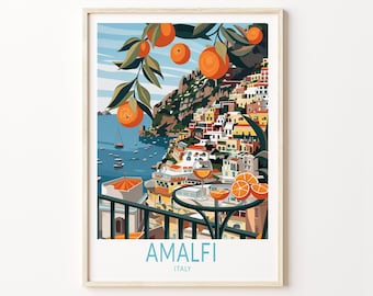 May include: A colorful illustration of the Amalfi Coast in Italy, featuring a view of the town from a balcony with a glass of orange juice and oranges on a table. The text "Amalfi Italy" is at the bottom of the image.