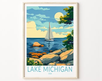 Lake Michigan USA Travel Print, USA City Poster, Lake Michigan Coast Wall Art Poster Print, Personalised Gifts, Birthday Present