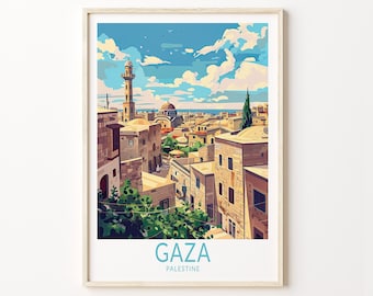 Puede incluir: Una ilustración colorida de la ciudad de Gaza, Palestina. La imagen muestra un paisaje urbano con edificios, una mezquita y un cielo azul con nubes. El texto "GAZA PALESTINE" está en la parte inferior de la imagen.