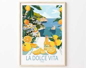May include: A colorful illustration of a coastal Italian town with a bottle of orange juice and lemons on a white tablecloth. The text "LA DOLCE VITA ITALY" is at the bottom of the image.