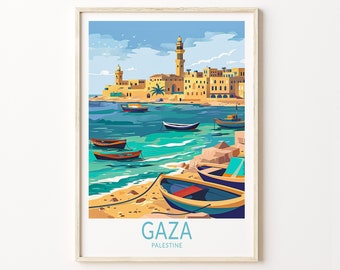 Puede incluir: Una ilustración colorida del horizonte de Gaza con una mezquita y edificios a lo largo de la costa. La imagen presenta varios botes pequeños en el agua y una playa de arena en primer plano. El texto "GAZA PALESTINE" está en la parte inferior de la imagen.