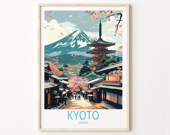 Könnte beinhalten: Ein Vintage-Reiseposter mit einer farbenfrohen Illustration einer Pagode in Kyoto, Japan. Das Poster zeigt den Fuji im Hintergrund und Kirschblüten im Vordergrund. Der Text "KYOTO JAPAN" ist am unteren Rand des Posters gedruckt.