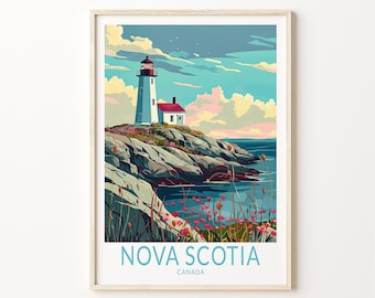 May include: A framed art print featuring a lighthouse on a rocky coastline under a colorful sky. The lighthouse is white with a red top, and a small white building with a red roof sits nearby. The print includes the text "NOVA SCOTIA CANADA" in light blue.