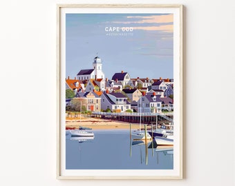 May include: A colorful illustration of a seaside town with a lighthouse, houses, and boats in a harbor. The text "CAPE COD MASSACHUSETTS" is at the top of the image.