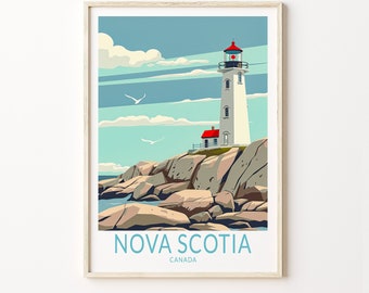 May include: A vintage-style illustration of a lighthouse on a rocky coastline with the text "NOVA SCOTIA CANADA". The lighthouse is white with a red roof and a red light at the top. The sky is blue with white clouds.
