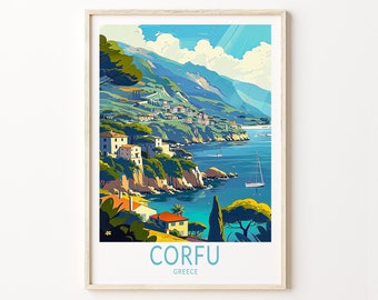 May include: A colorful illustration of a coastal town in Corfu, Greece. The image features a hillside with buildings, trees, and a blue ocean with a sailboat. The text "CORFU GREECE" is at the bottom of the image.
