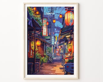 May include: A digital painting of a narrow street in Tokyo, Japan, at night. The street is lined with traditional Japanese buildings with red lanterns hanging from the eaves. The street is lit by the lanterns and streetlights, creating a warm and inviting atmosphere. The text "TOKYO JAPAN" is visible in the upper center of the image.