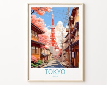 Stampa di viaggio sulla città di Tokyo, Giappone e Asia, stampa di poster di viaggio su Tokyo, arte murale sulla città di Tokyo, decorazione murale di viaggio sul monte Fuji in Giappone