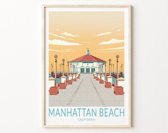 May include: A vintage-style illustration of the Manhattan Beach Pier in California. The pier is a long wooden walkway with a white building at the end. The building has a red roof and a green dome. There are lampposts lining the walkway. The sky is a light orange color with clouds.