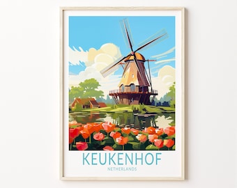May include: A vintage-style illustration of a windmill in a field of red tulips. The text "KEUKENHOF NETHERLANDS" is at the bottom of the image.