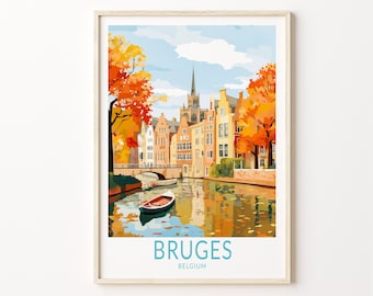 May include: A colorful illustration of the city of Bruges, Belgium. The image features a canal with a small boat, buildings with red tile roofs, and trees with orange and yellow leaves. The text "BRUGES BELGIUM" is at the bottom of the image.