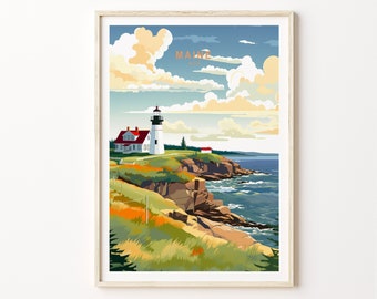 May include: A vintage-style illustration of a lighthouse on a rocky coastline with a blue sky and white clouds. The text "MAINE" is written in orange at the top of the image.