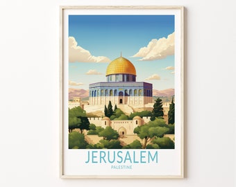 May include: A vintage travel poster featuring a colorful illustration of the Dome of the Rock in Jerusalem, Palestine. The poster has a blue sky with white clouds and green trees surrounding the building.