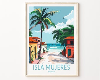 Könnte beinhalten: Eine farbenfrohe Illustration einer Straßenszene in Isla Mujeres, Mexiko. Das Bild zeigt Palmen, bunte Häuser und einen Blick auf das Meer. Der Text "Isla Mujeres, Mexiko" befindet sich am unteren Rand des Bildes.