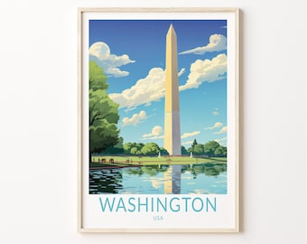 May include: A vintage travel poster featuring a stylized illustration of the Washington Monument in Washington, D.C., USA. The monument is depicted in a light yellow color, with a blue sky and white clouds in the background. The poster has a blue and white text overlay that reads "WASHINGTON, USA".