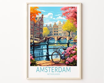 May include: A vintage travel poster featuring a colorful illustration of a canal in Amsterdam, Netherlands. The poster depicts a bridge over the canal, with buildings lining the banks. A bicycle is parked on the edge of the canal, with pink flowers in bloom.