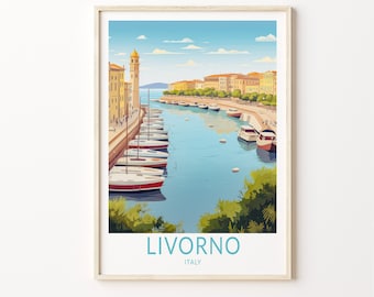May include: A colorful illustration of a waterfront scene in Livorno, Italy. The image features a canal lined with buildings and boats, with a tall tower in the background. The text "Livorno, Italy" is printed below the image.