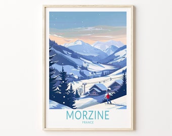 May include: A vintage-style travel poster featuring a snowy mountain landscape with a skier in the foreground. The poster is titled "Morzine, France".